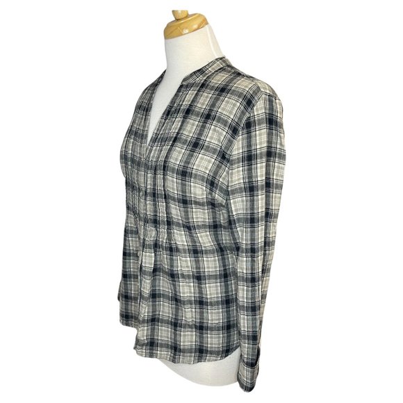 Converse Womans Plaid Shirt Smocked Fitted Top Button Up Cream Size M - Picture 2 of 7